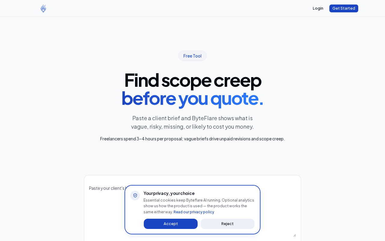 The Scope Creep Detector page with a text area for pasting a client brief and a button to analyse it.